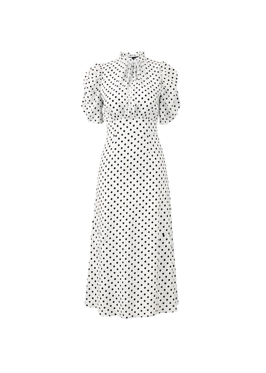 White Vintage-Inspired Puff Sleeves Polka Dot Midi Dress