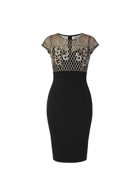 Black Contrast Midi Dress With Embroidered Mesh Detail