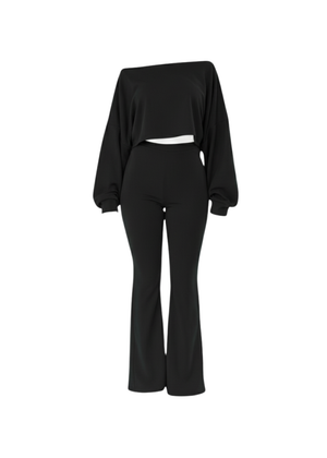 Black Ribbed Two-Piece Off-Shoulder Crop Top & Wide Leg Trouser