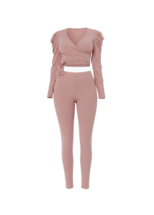 Blush Ruched Ribbed Wrap Crop Top and Leggings Co-ord Set