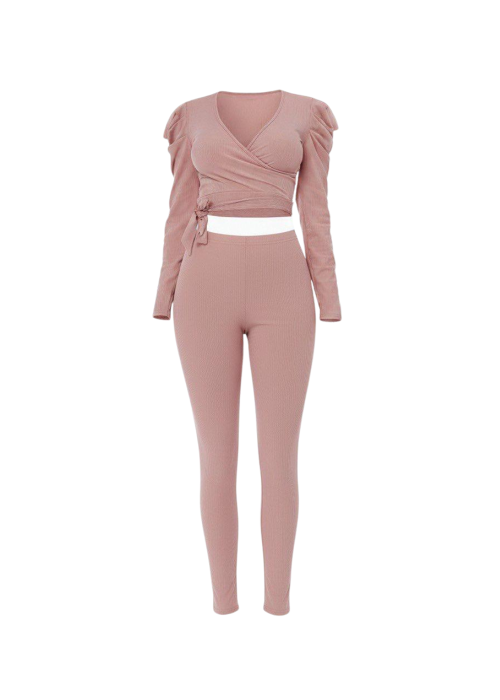Blush Ruched Ribbed Wrap Crop Top and Leggings Co-ord Set