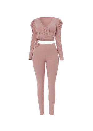 Blush Ruched Ribbed Wrap Crop Top and Leggings Co-ord Set