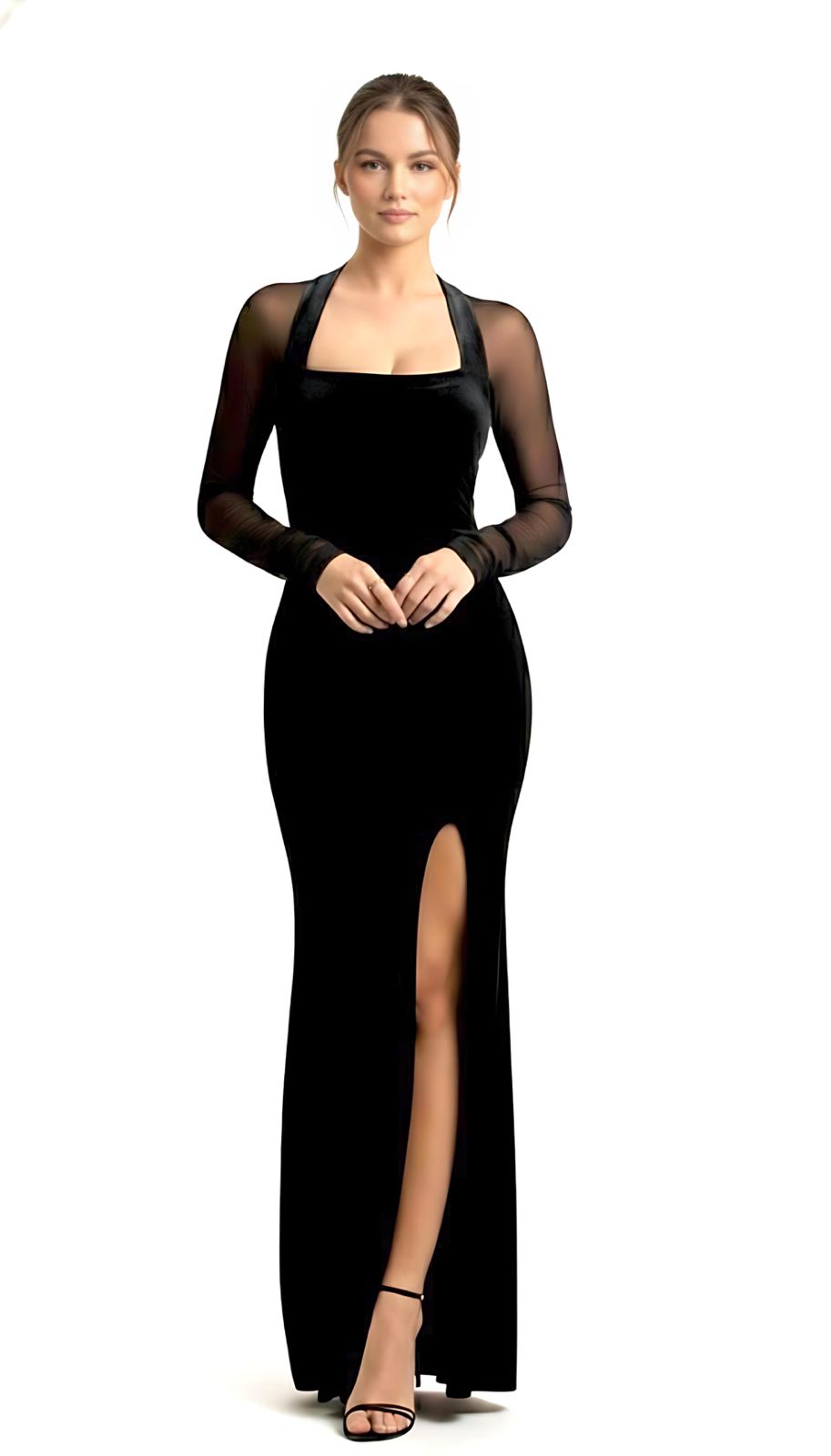 Black Velvet Mesh Long Sleeve High Slit Maxi Dress