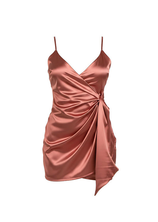 Rose Satin Wrap Mini Dress with Draped Side Detail