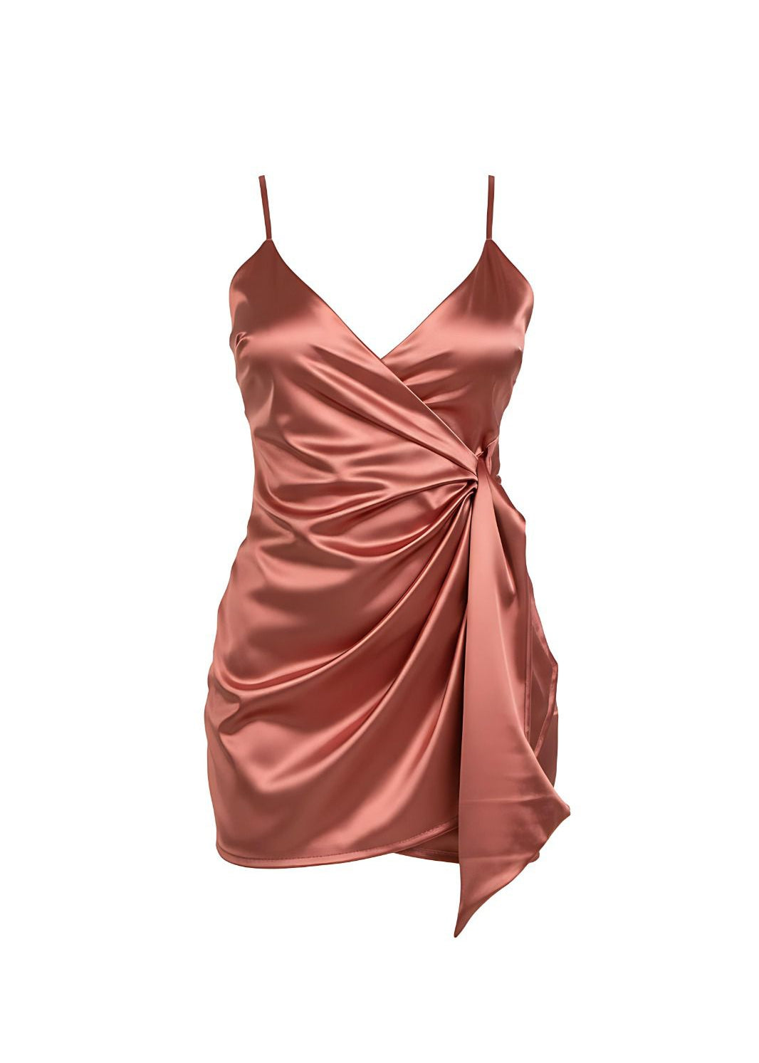 Rose Satin Wrap Mini Dress with Draped Side Detail