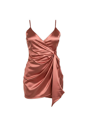 Rose Satin Wrap Mini Dress with Draped Side Detail