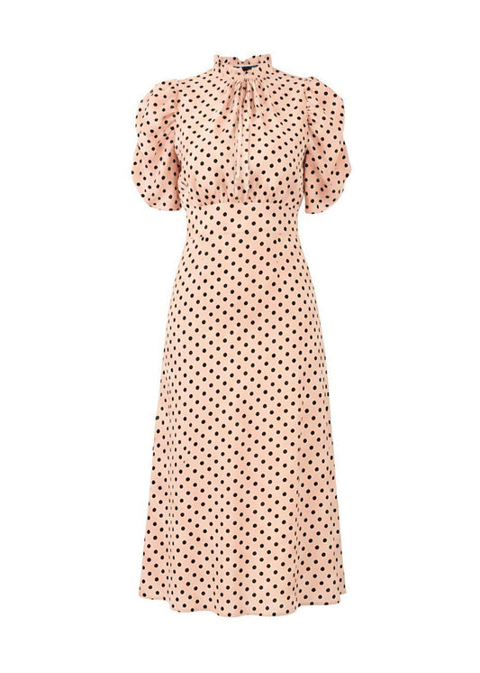 Pale Orange Vintage-Inspired Puff Sleeves Polka Dot Midi Dress