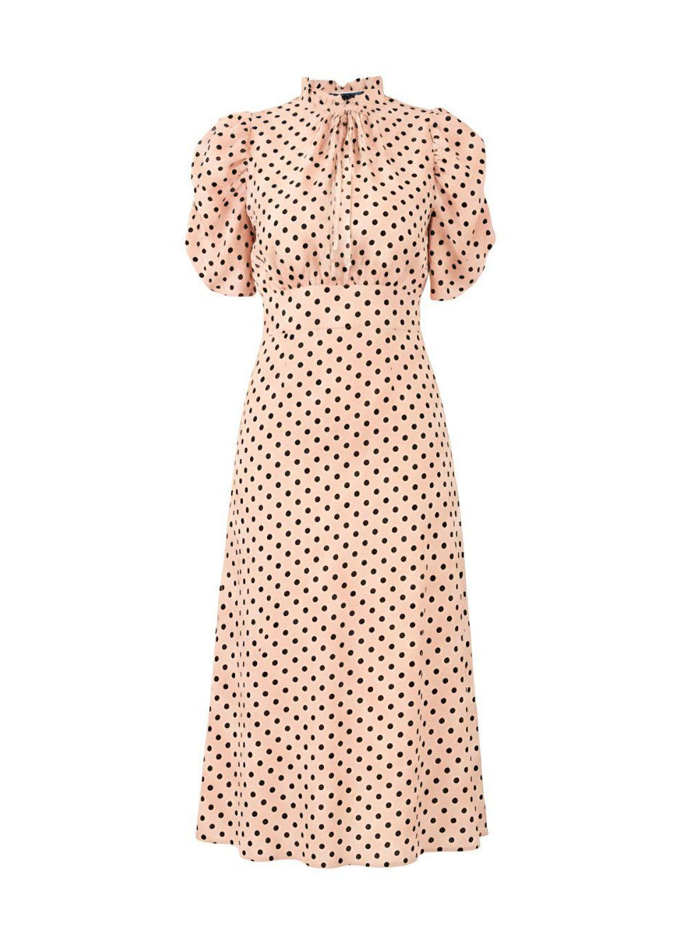 Pale Orange Vintage-Inspired Puff Sleeves Polka Dot Midi Dress