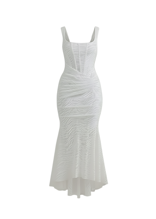 White Mermaid Ruched Waist Sleeveless Flared Hi-Low Hem Dress