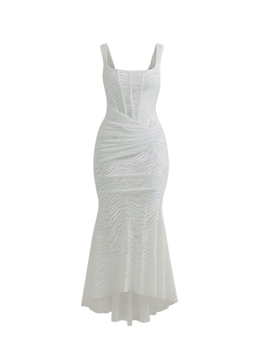 White Mermaid Ruched Waist Sleeveless Flared Hi-Low Hem Dress