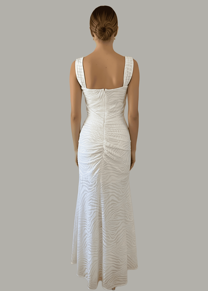 White Mermaid Ruched Waist Sleeveless Flared Hi-Low Hem Dress
