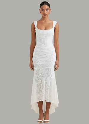 White Mermaid Ruched Waist Sleeveless Flared Hi-Low Hem Dress