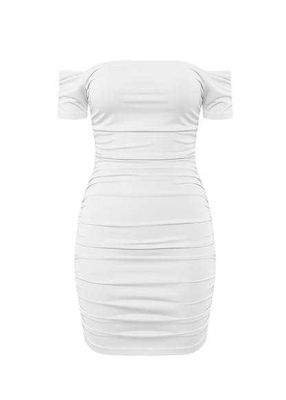 White Ruched Bardot Bodycon Mini Dress