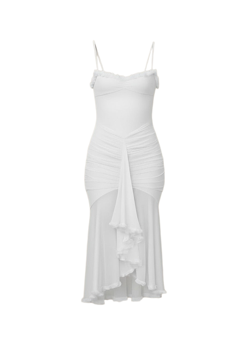 White Ruched Bodycon Mesh Classic Party Midi Dress
