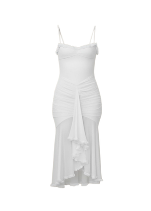 White Ruched Bodycon Mesh Classic Party Midi Dress