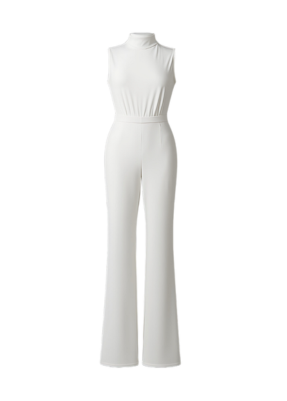 White Scuba High Neck Tie Waist Wide Leg Jumpsuit