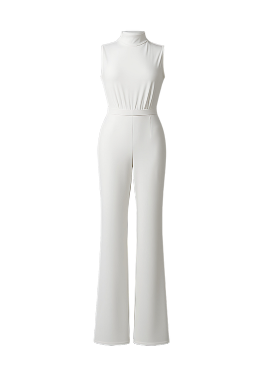White Scuba High Neck Tie Waist Wide Leg Jumpsuit