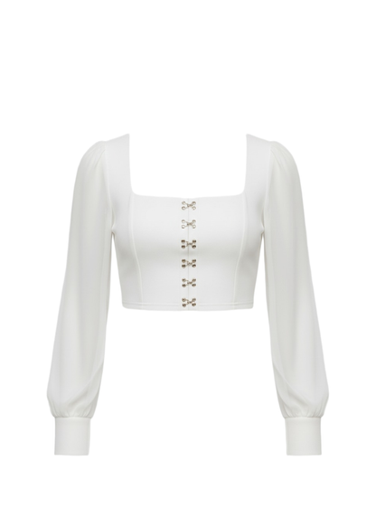 White Sheer Mesh Long Sleeve Hook and Eye Crop Top