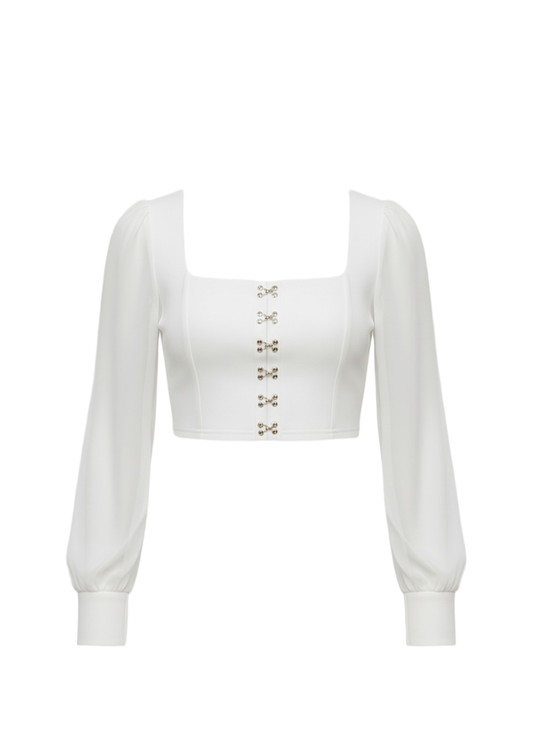 White Sheer Mesh Long Sleeve Hook and Eye Crop Top