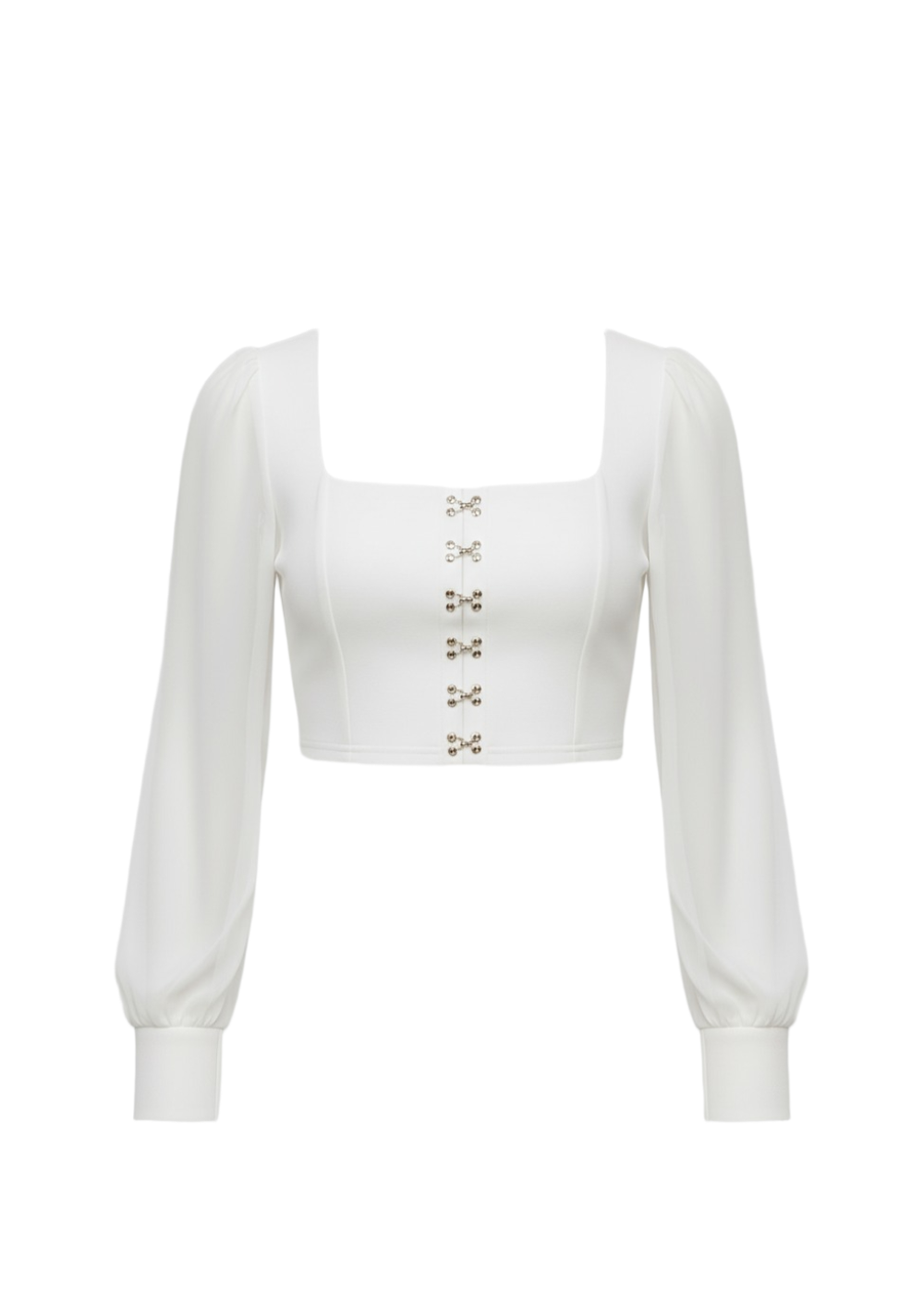 White Sheer Mesh Long Sleeve Hook and Eye Crop Top