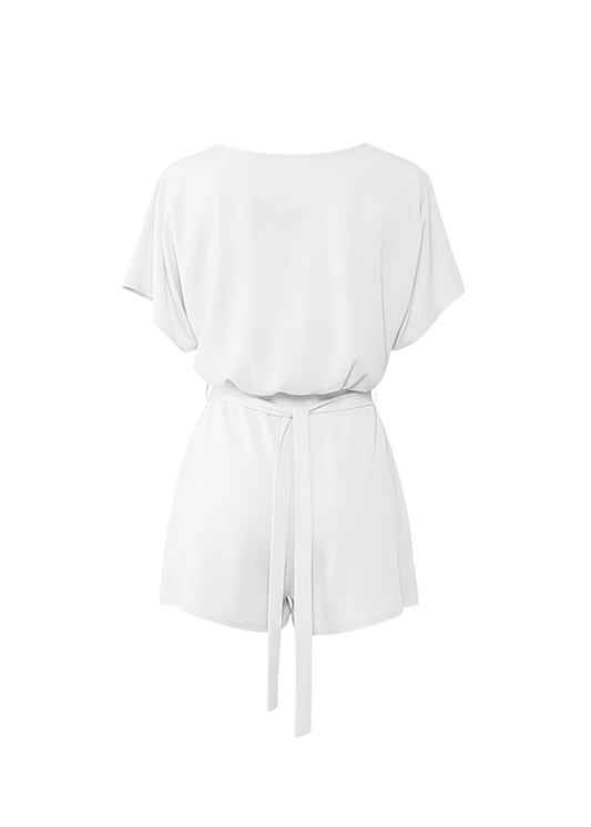 White Short Sleeve Tie Waist Playsuit with Belted Detail