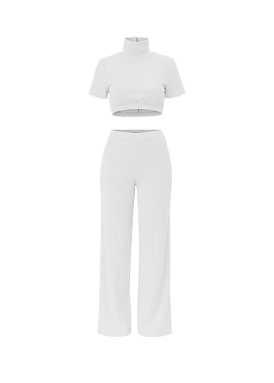 White Wide-Leg Trousers Co-Ord Set High Neck Short Sleeve T-Shirt