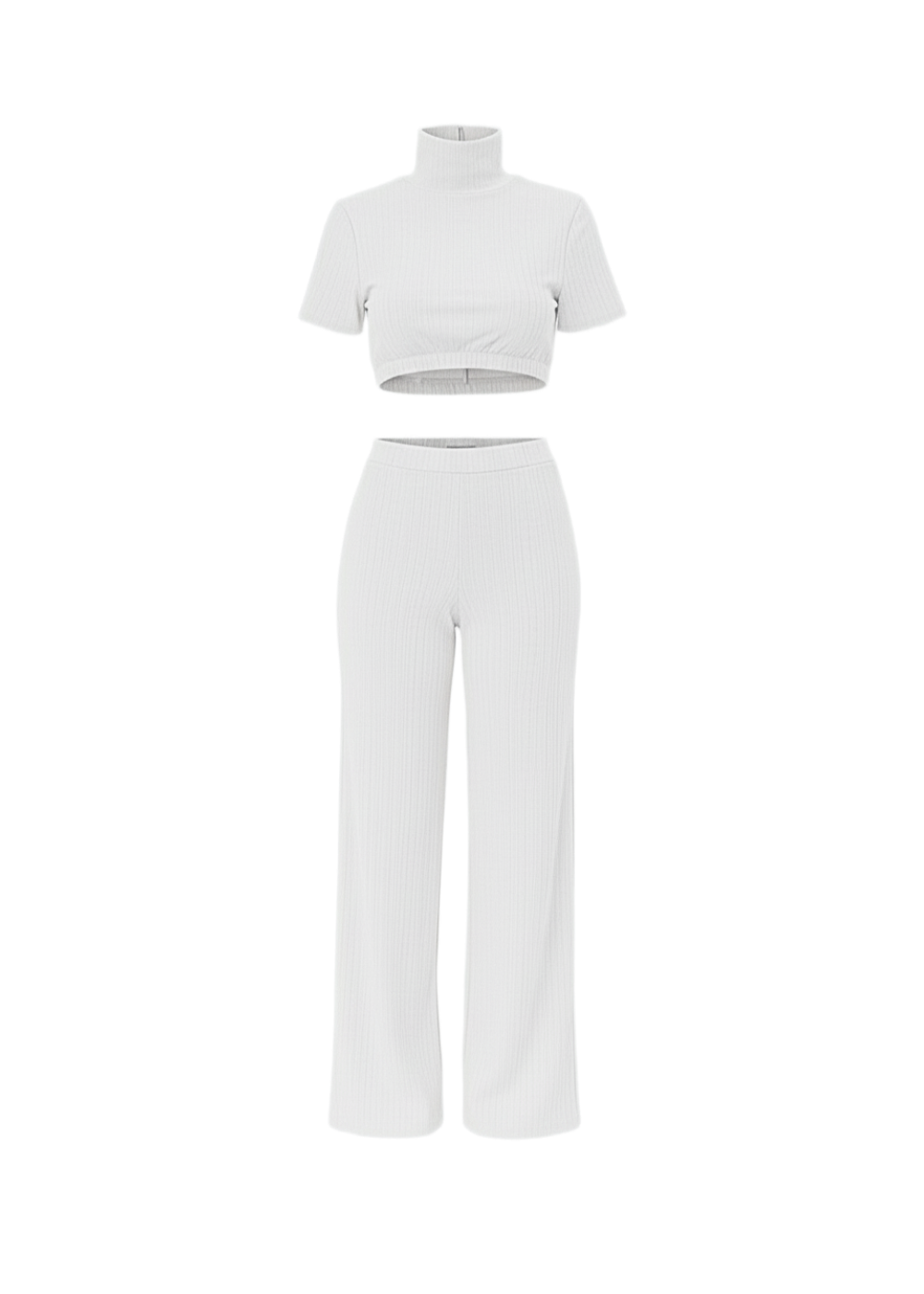 White Wide-Leg Trousers Co-Ord Set High Neck Short Sleeve T-Shirt