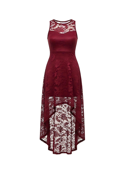 Wine Floral Lace Asymmetrical Hem Party Dress