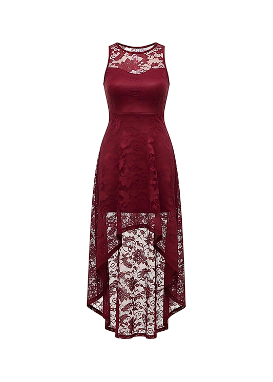 Wine Floral Lace Asymmetrical Hem Party Dress