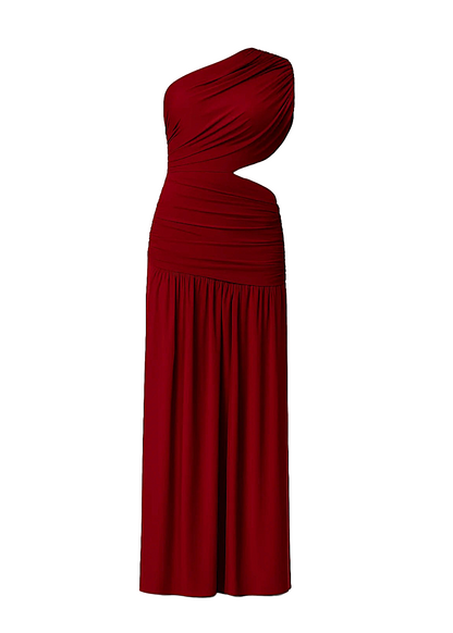 Wine One Shoulder Draping Detailed Side Cut Out Maxi Dress