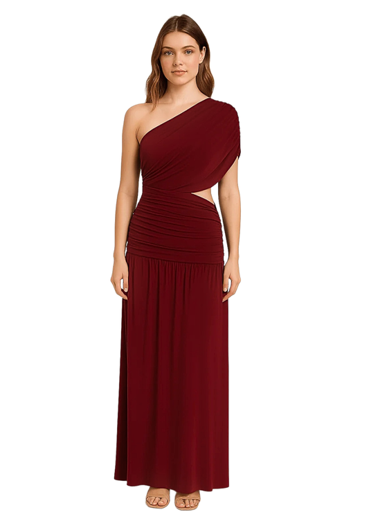 Wine One Shoulder Draping Detailed Side Cut Out Maxi Dress