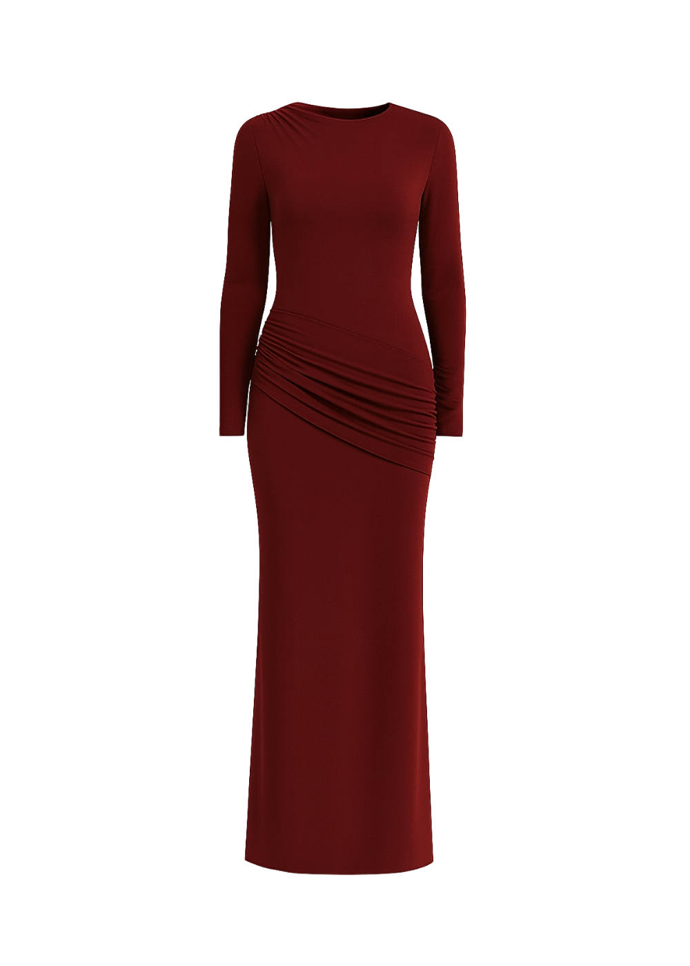 Wine Side Ruching Bodycon Full-Sleeve Jersey Evening Gown