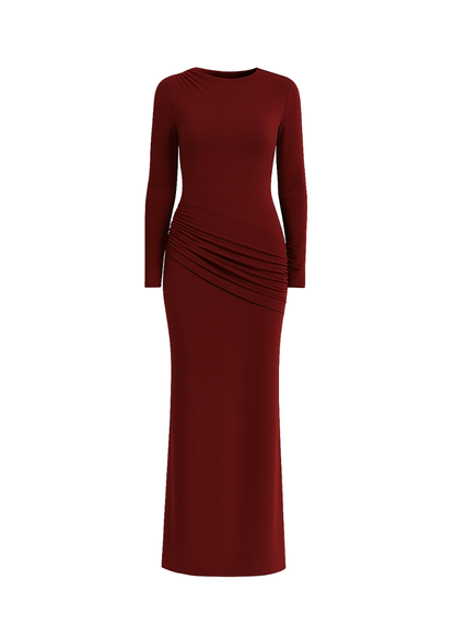 Wine Side Ruching Bodycon Full-Sleeve Jersey Evening Gown