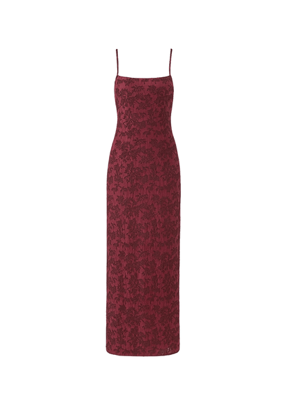 Wine Thin Adjustable Straps Jacquard Bodycon Formal Evening Maxi Dress