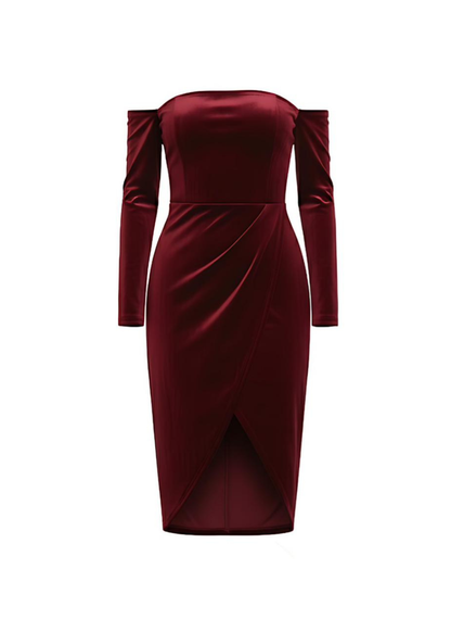 Wine Velvet Off Shoulder Velvet Bodycon Midi Dress