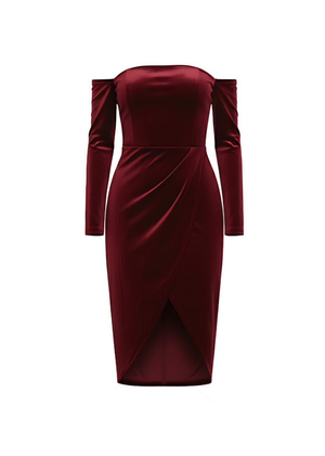Wine Velvet Off Shoulder Velvet Bodycon Midi Dress