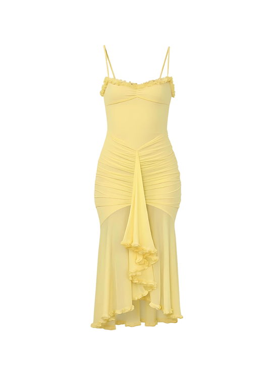 Yellow Ruched Bodycon Mesh Classic Party Midi Dress