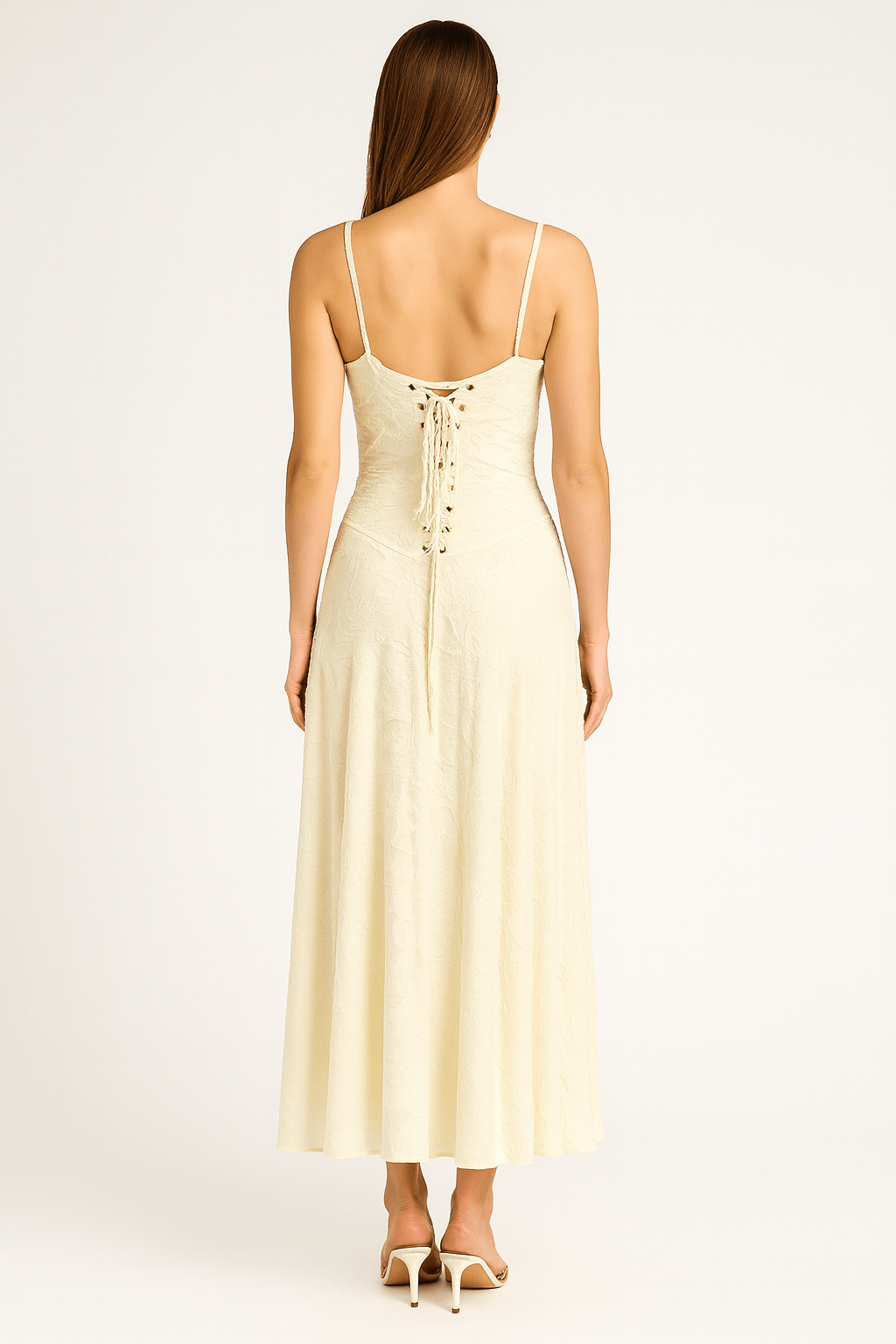 Back view of A-line jacquard maxi dress showing adjustable straps