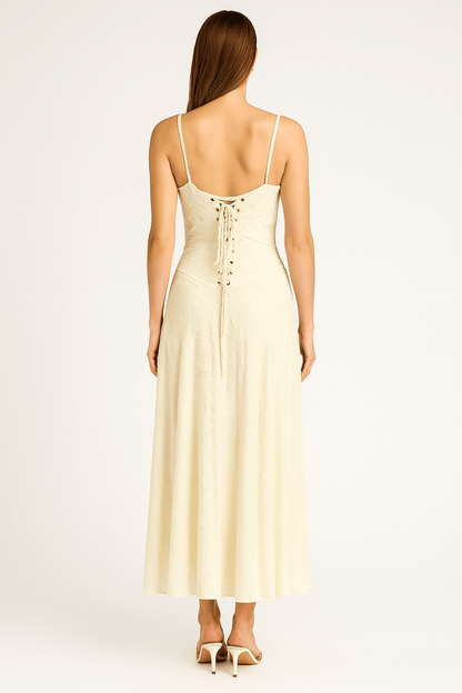 Back view of A-line jacquard maxi dress showing adjustable straps