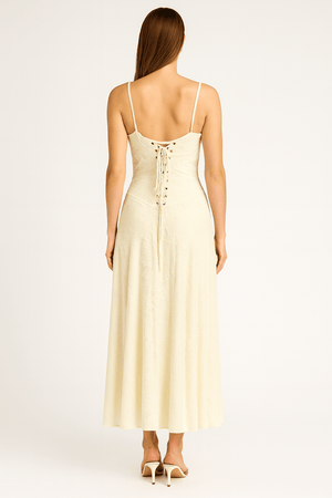 Back view of A-line jacquard maxi dress showing adjustable straps