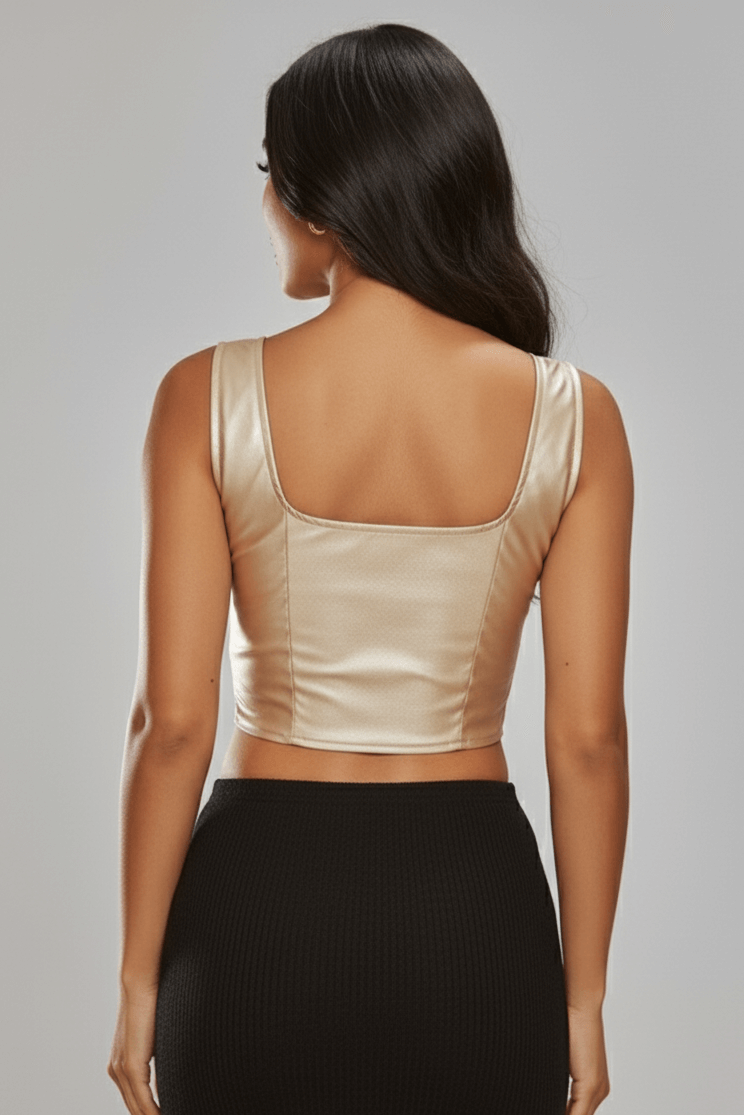 Avinci faux leather square neckline corset top back view golden color