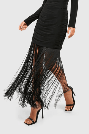 Avinci fringe tassel hem cami long sleeve bodycon midi dress bottom tassel view