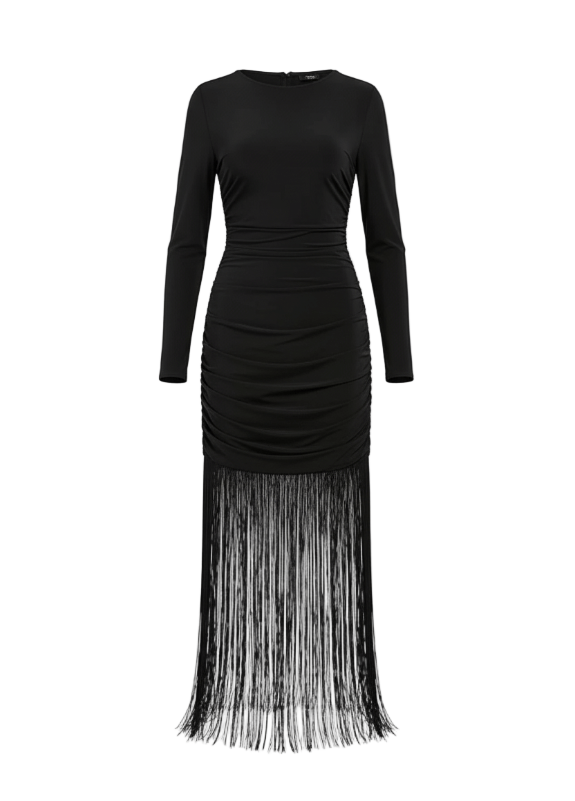 Avinci fringe tassel hem cami long sleeve bodycon midi dress front view