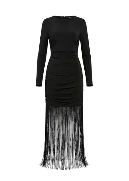 Avinci fringe tassel hem cami long sleeve bodycon midi dress front view