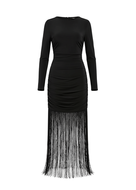 Avinci fringe tassel hem cami long sleeve bodycon midi dress front view