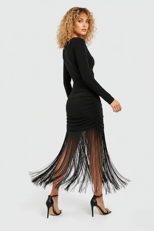 Black Fringe Tassel Hem Cami Long Sleeve Bodycon Midi Dress