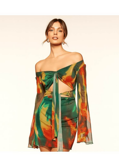 Avinci sheer off shoulder tie front mini dress close-up detail