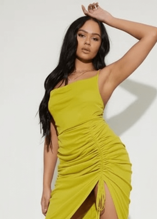 Avinci square neck midi slit dress adjustable ruched detail close-up view