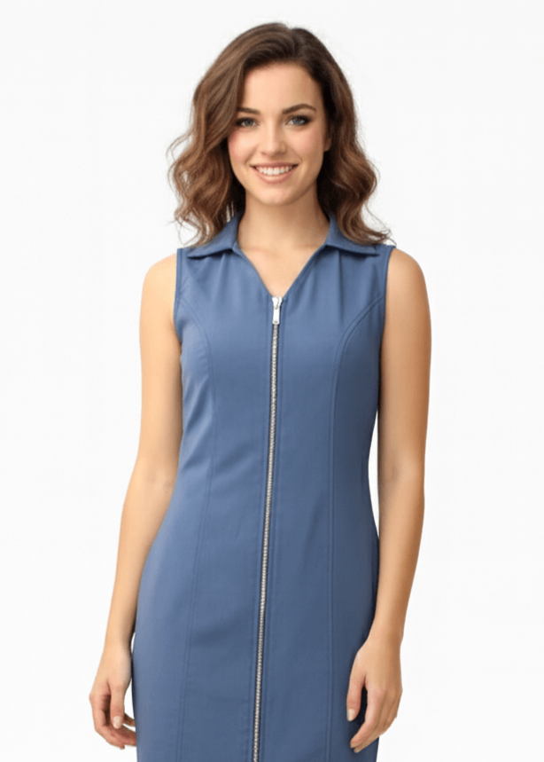Avinci tailored sleeveless collar detail front zipper day dress close-up detail