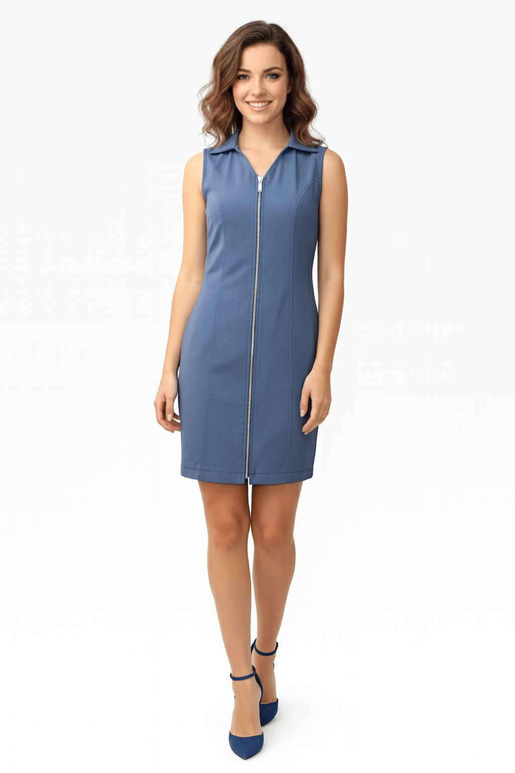 Avinci tailored sleeveless collar detail front zipper day dress front look